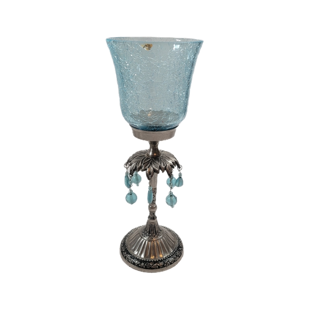 11" Blue Crackled Glass And Pewter Candle Holder